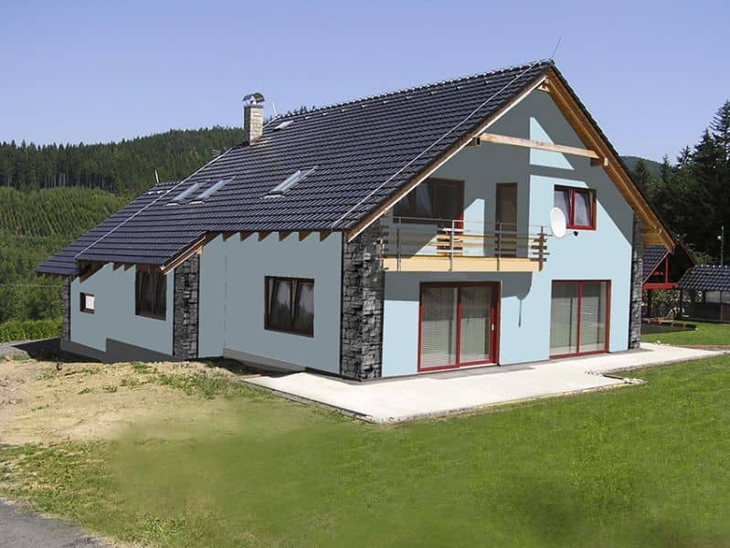 Návrh fasády s kamenným obkladem - varianta 2 - přední pohled