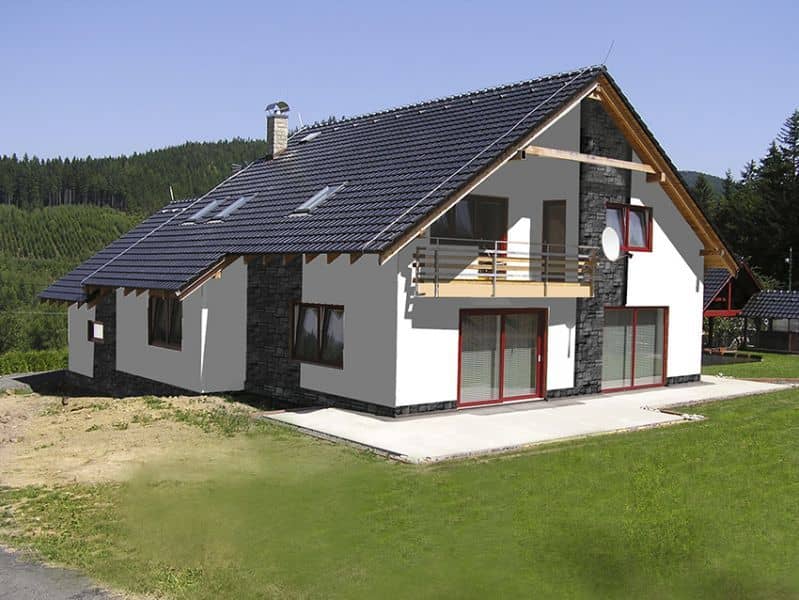 Návrh fasády s kamenným obkladem - varianta 3 - přední pohled