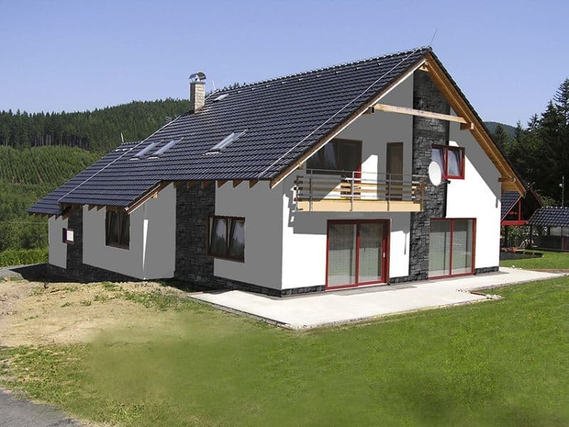 Návrh fasády s kamenným obkladem - varianta 3 - přední pohled