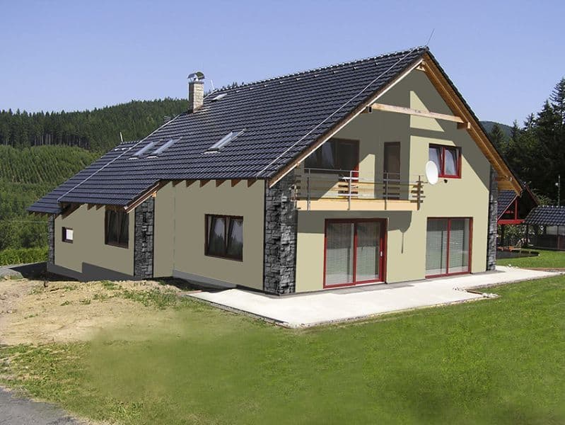 Návrh fasády s kamenným obkladem - varianta 4 - přední pohled