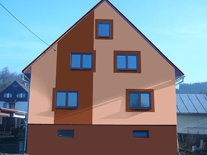 Návrh rekonstrukce fasády a střechy - zadní pohled - varianta 1